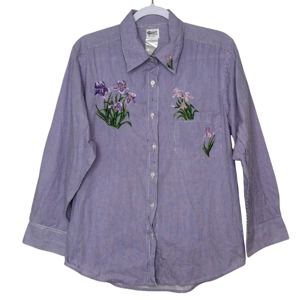 Vtg Gunit Fashions Purple Stripe Iris Embroidered Shirt M Cottagecore Grannycore
